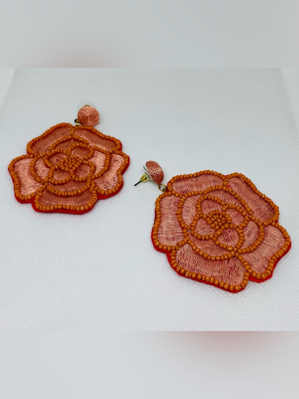 Statement Floral Beaded Drop Earrings- Peach & Coral Embroidered Flower Earrings